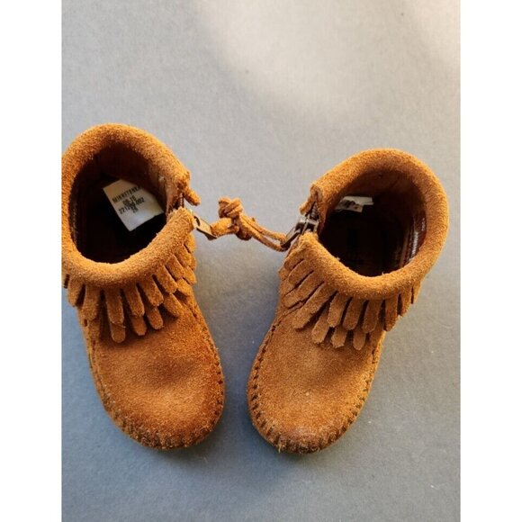 MINNETONKA Toddler Size 3 Kids Double Fringe Zip Suede Ankle Boot Brown 1292 - Picture 2 of 16